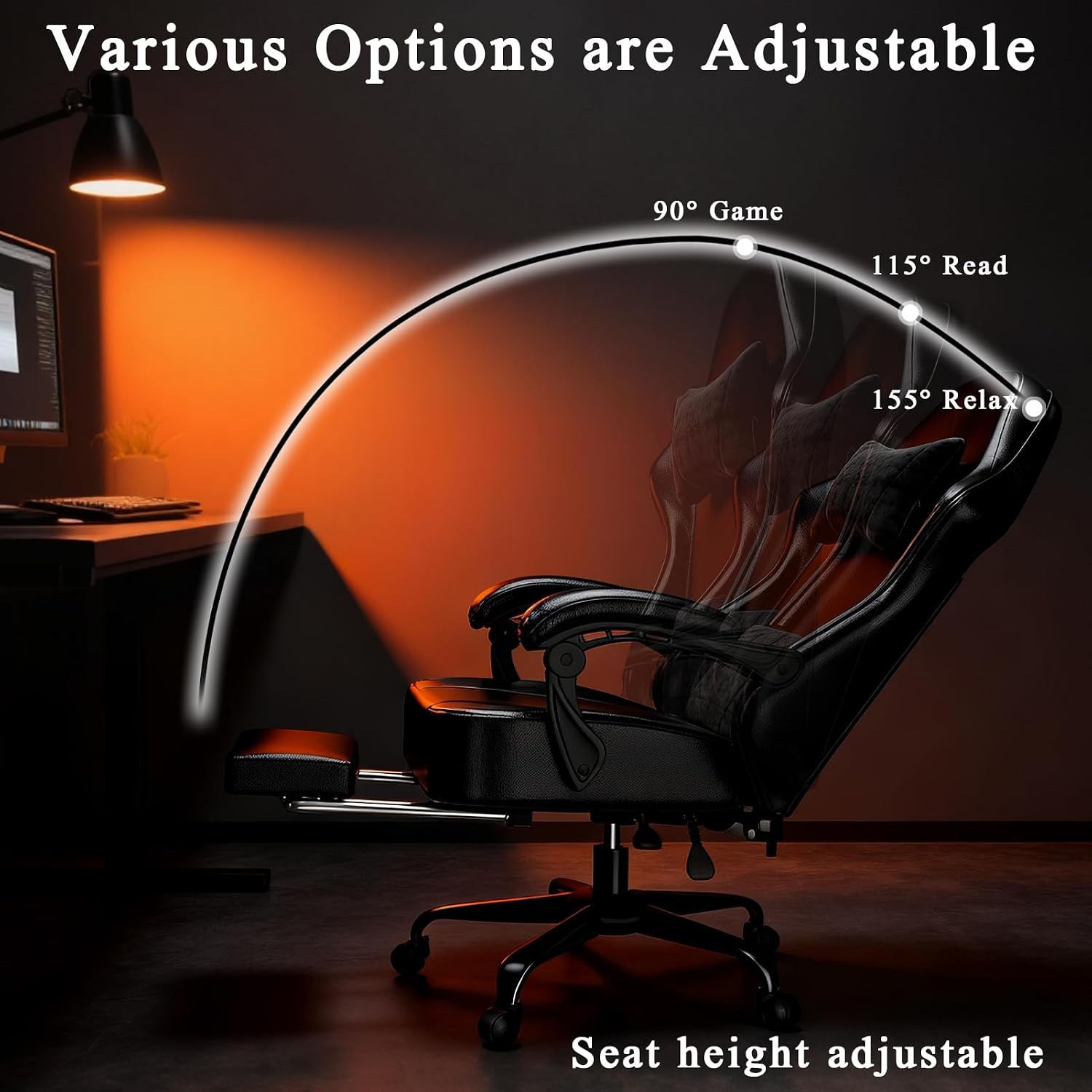 Gaming Chair with Pocket Spring Cushion and Footrest, Ergonomic Computer Chair for Adults, Breathable PU Leather Game Chair, Adjustable Headrest and Lumbar Support Office Desk Chair