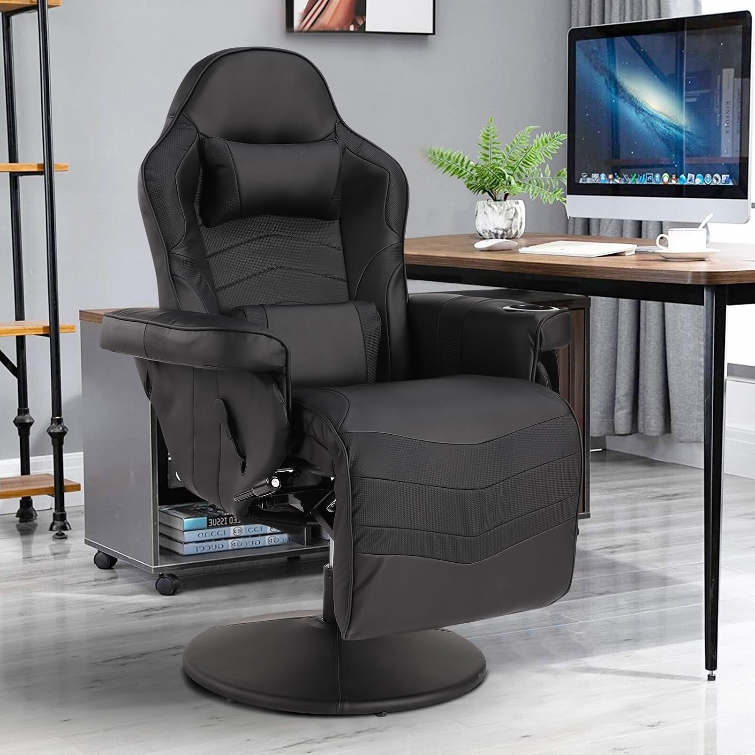Gaming Chairs for Adults, Reclining Gaming Chair with Footrest, Massage Video Gaming Recliner Chair w/Adjustable Height, Swivel Game Chair with Lumbar Support, Side Pouch