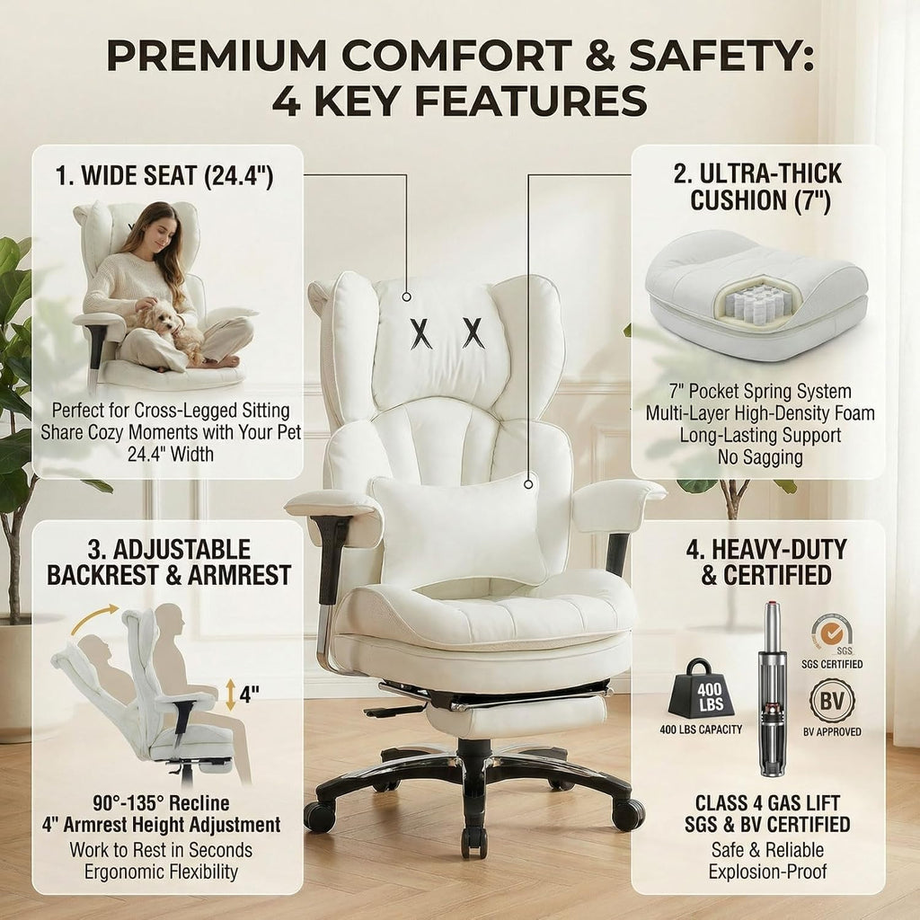 Efomao White Executive Office Chair with Footrest, Big and Tall 400lbs Extra Wide High Back Chair, Plush Pocket Spring Cushion for Home Office, Reclining Desk Chair with Large Padded Armrests