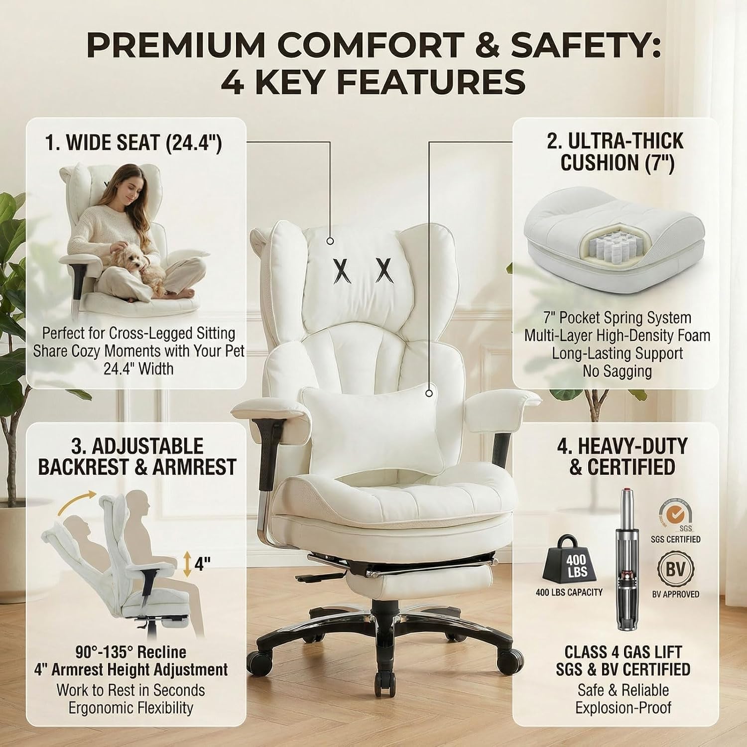 Efomao White Executive Office Chair with Footrest, Big and Tall 400lbs Extra Wide High Back Chair, Plush Pocket Spring Cushion for Home Office, Reclining Desk Chair with Large Padded Armrests
