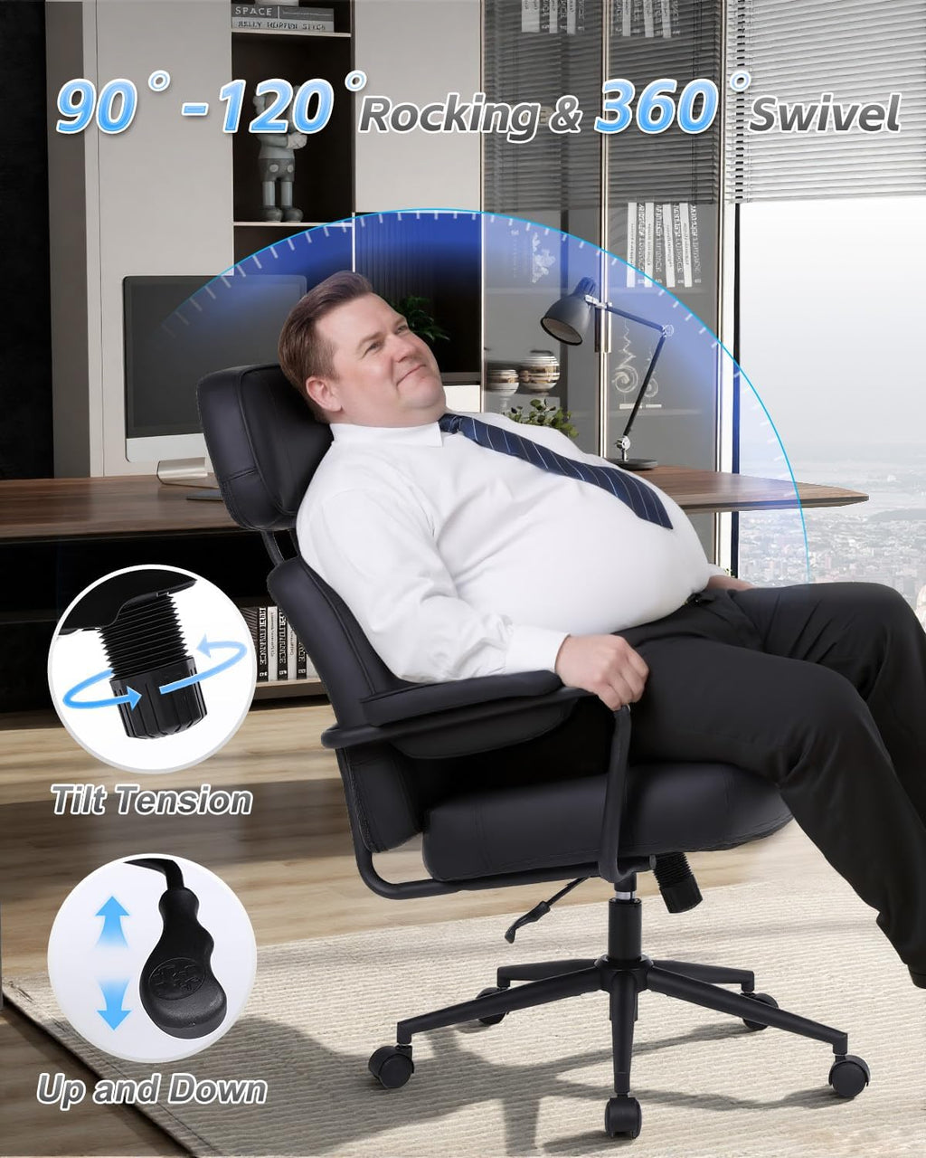 Big and Tall Office Chair 500lbs, Desk Chair Comfy, Oversized Computer Chair Extra Wide, Mid-Century Modern Chairs, PU Leather Heavy Duty, High Back Swivel Rocking Chairs with Wheels for Home, Black