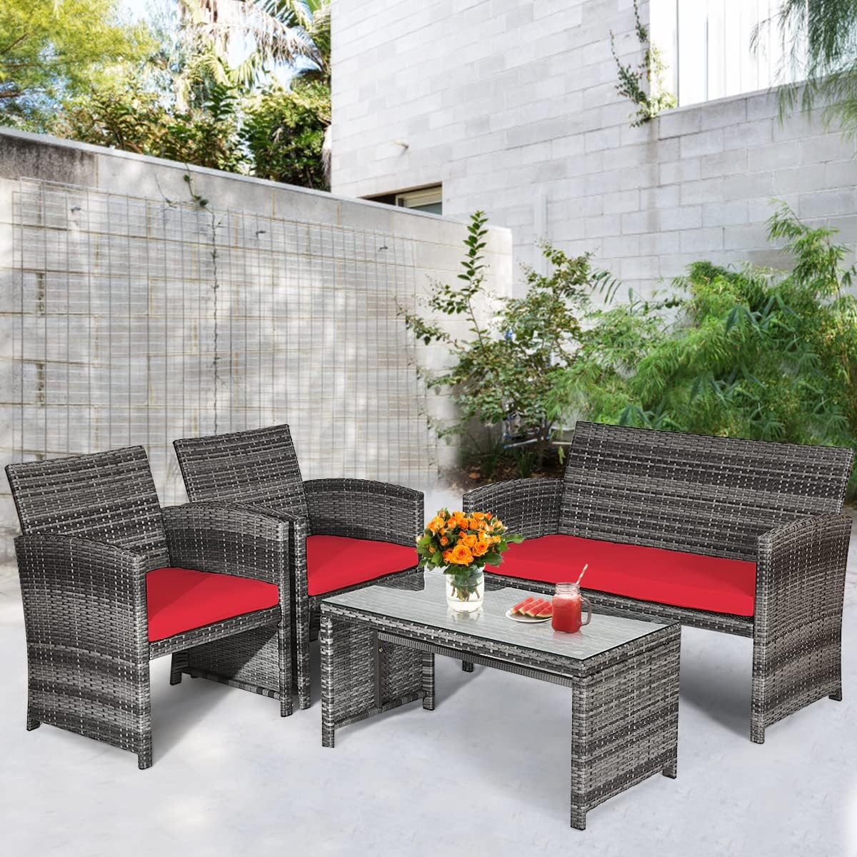 COSTWAY Patio Furniture Set 4 Pieces, Outdoor Wicker Chairs Sofa w/Coffee Table and Soft Cushions, Rattan Conversation Sets for Patio Lawn Backyard Yard Pool Garden, Red