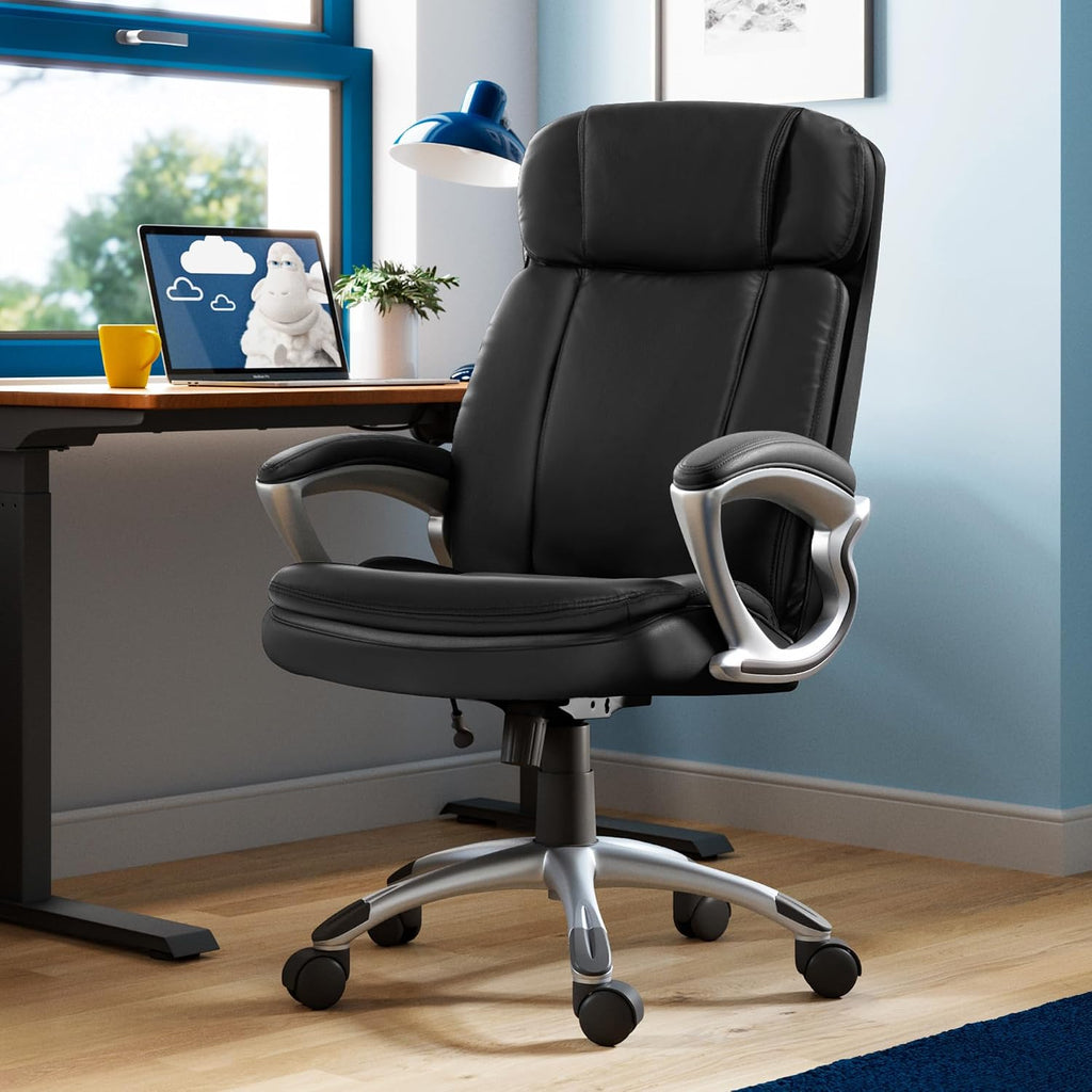 Serta Fairbanks Big and Tall Executive Office Chair - Ergonomic High Back Computer Desk Chair with Lumbar Support, Memory Foam Seat Cushion, Padded Armrests, Bonded Leather, 350 lb Capacity - Black