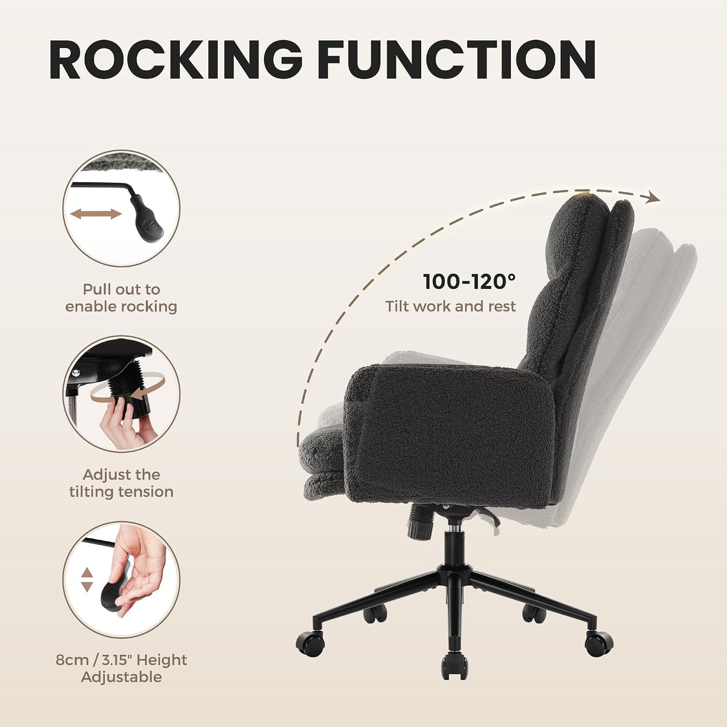 IWMH Swivel Office Desk Chair, High-Back Armchair with Wheels, Height Adjustable Home Office Chair with Armrests,Upholstered Computer Task Chair, Leisure Armchair Cashmere (Dark Grey)
