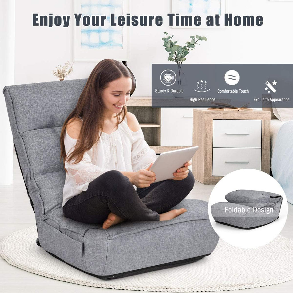 Giantex Floor Chairs for Adults with 4-Position Adjustable Back, 6-Position Adjustable Headrest, Side Pocket, No Assembly Required, Banana Chair, Folding Floor Gaming Chair, Grey