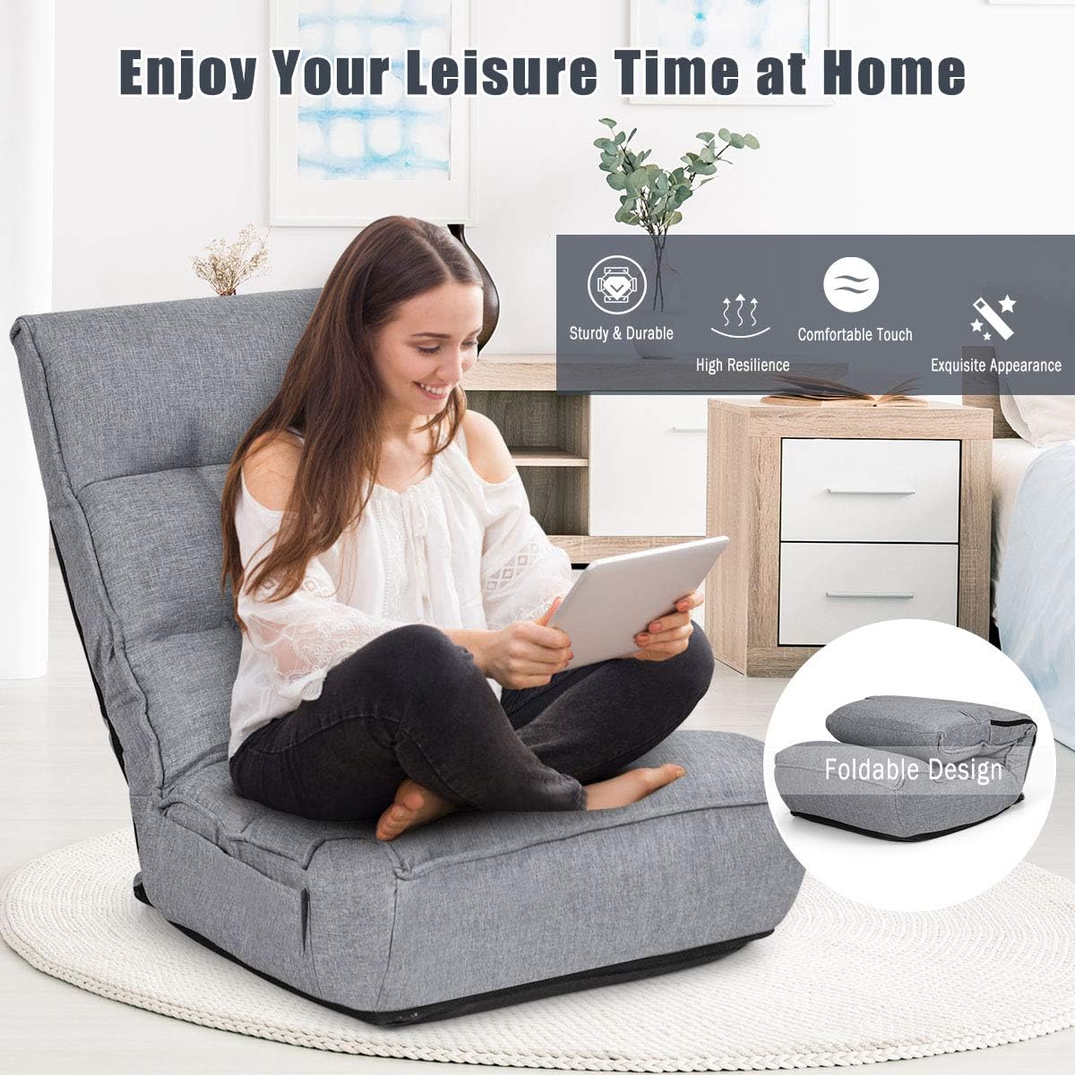 Giantex Floor Chairs for Adults with 4-Position Adjustable Back, 6-Position Adjustable Headrest, Side Pocket, No Assembly Required, Banana Chair, Folding Floor Gaming Chair, Grey