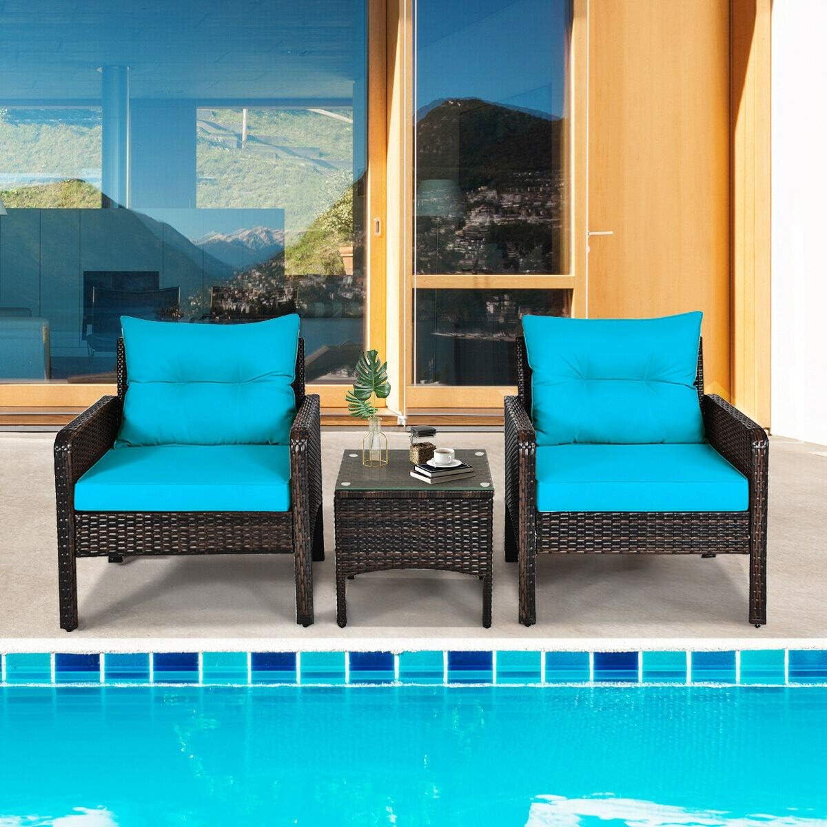 HAPPYGRILL 3 Piece Patio Furniture Set Outdoor Rattan Wicker Coffee Table & Chairs Set with Seat Cushions Patio Conversation Set for Garden Balcony Backyard Poolside