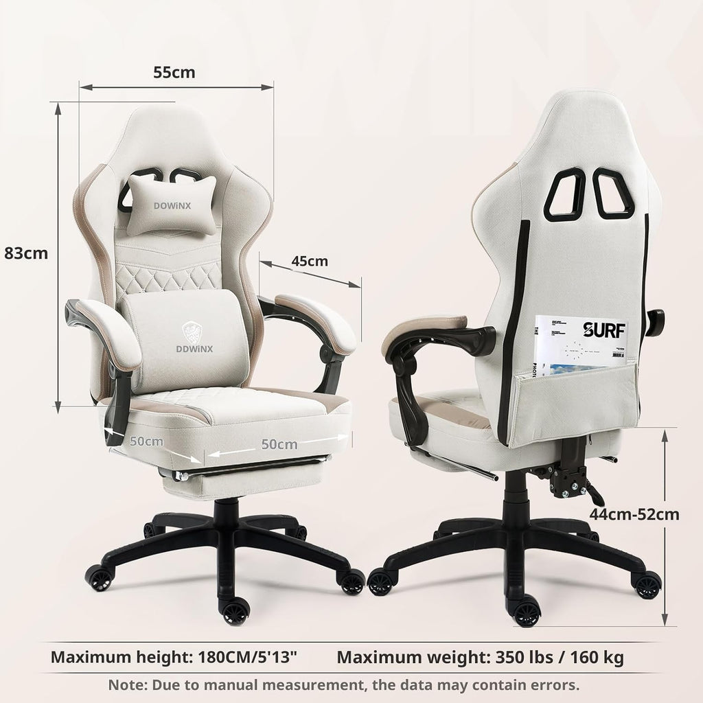 Dowinx Gaming Chair Breathable Fabric Game Chair with Gel Pad and Storage Bag, Comfortable Gamer Chair with Pocket Spring Cushion,Ergonomic Computer Chair with Footrest,Beige