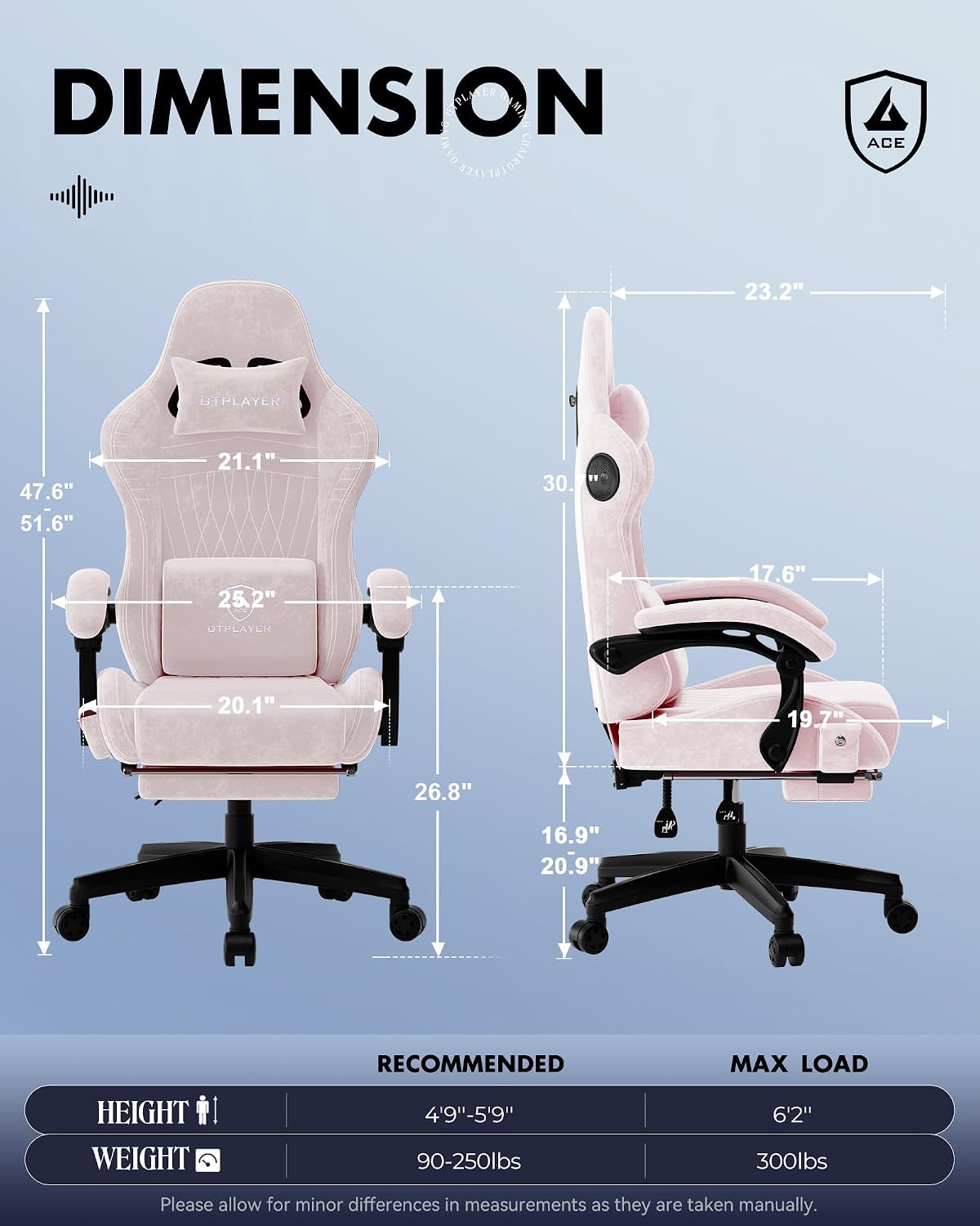 GTPLAYER Gaming Chair for Adults, Ergonomic Video Game Chairs, Footrest & Linkage Armrest, Reclining High Back Silla Gamer with Speakers for Home Office, Ace Pro, Pink(Velvet)