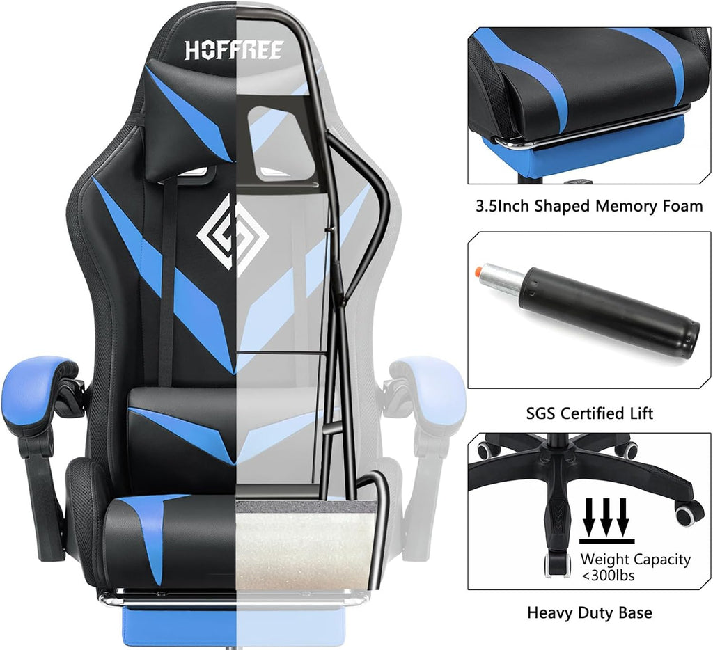 HOFFREE Gaming Chair Massage with Bluetooth Speakers and Led Lights Ergonomic Computer Gaming Chair with Footrest RGB Video Game Chair with High Back Lumbar Support Blue and Black