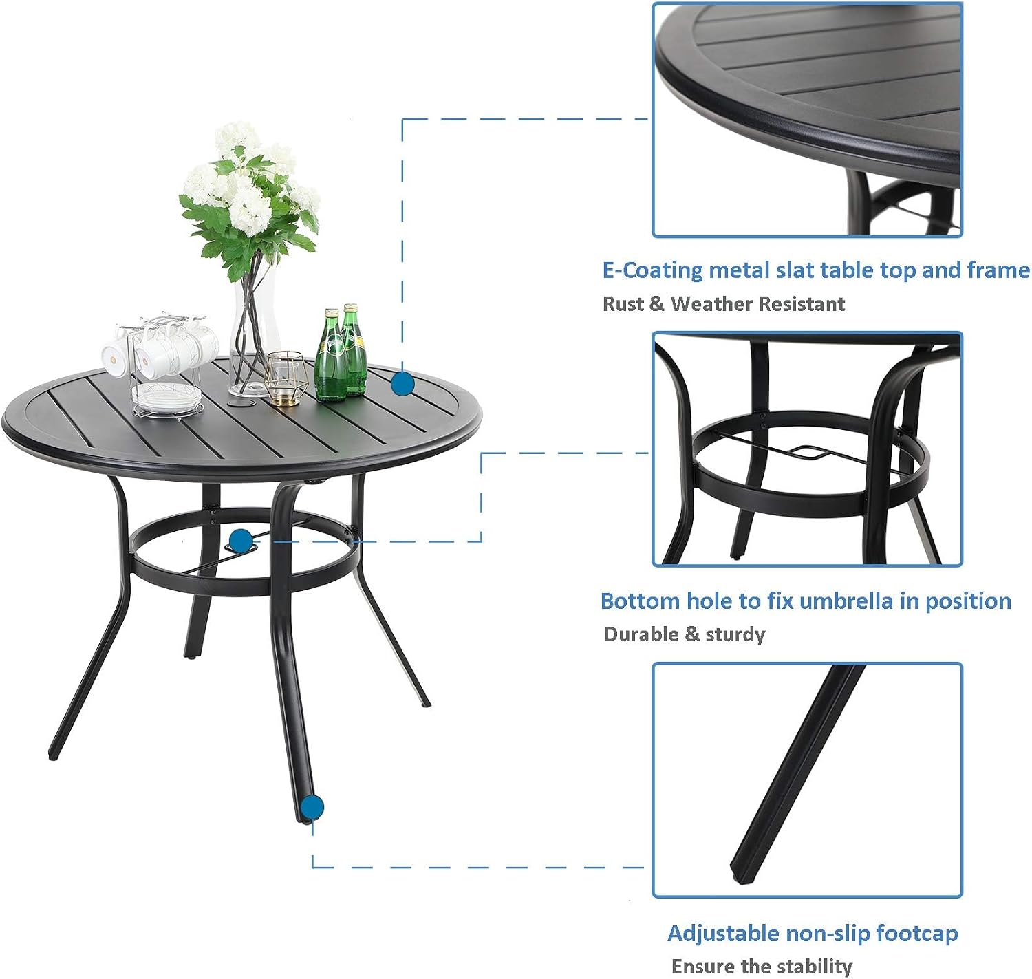 MFSTUDIO Round Outdoor Dining Set for 4, Patio Table and Chairs Set for Deck/Backyard/Poolside/Garden, 5 Piece Patio Furniture Set with Umbrella Hole