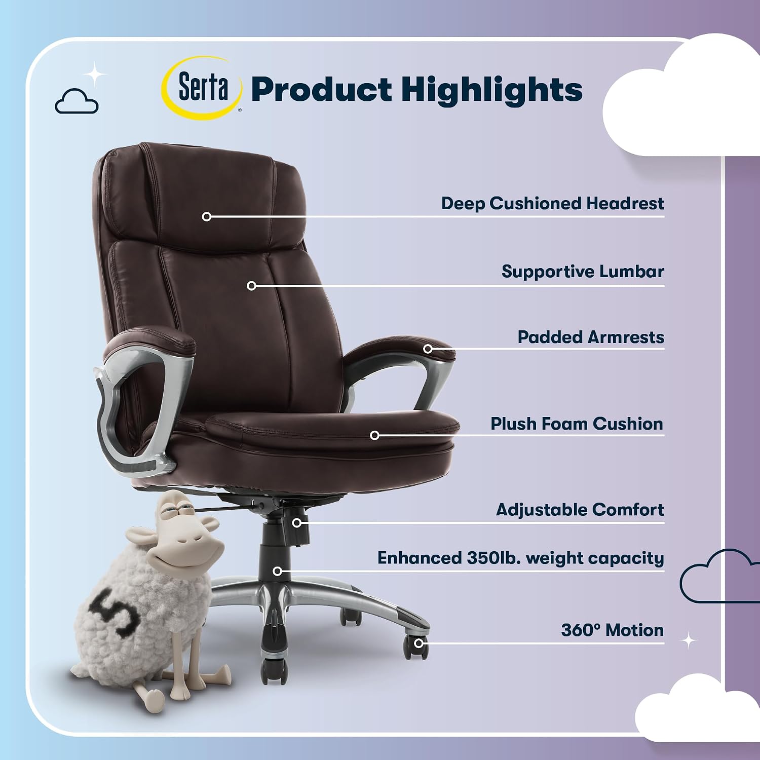 Serta Fairbanks Big and Tall Executive Office Chair - Ergonomic High Back Computer DeskChair with Lumbar Support, Memory Foam Seat Cushion, Padded Armrests, Bonded Leather, 350 lb Capacity - Brown