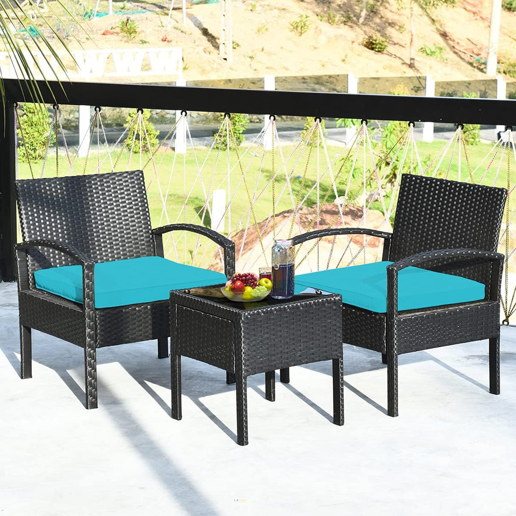 Tangkula 3 Piece Patio Conversation Set, Outdoor Rattan Sofa Set with Seat Cushions & Coffee Table, Patio Wicker Furniture Set for Garden Balcony Backyard Poolside (Turquoise)