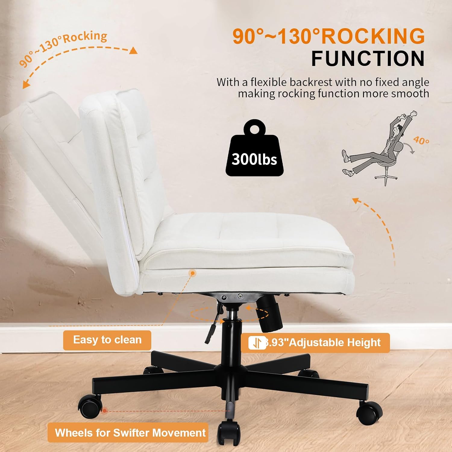 COMHOMA Cross Legged Office Chair with Wheels Armless-Office Desk Chair, Modern Vanity Computer Task Chairs for Home Bedroom, Comfortable Wide Seat for Lower Back Pain Relief, Soft Velvet, Beige