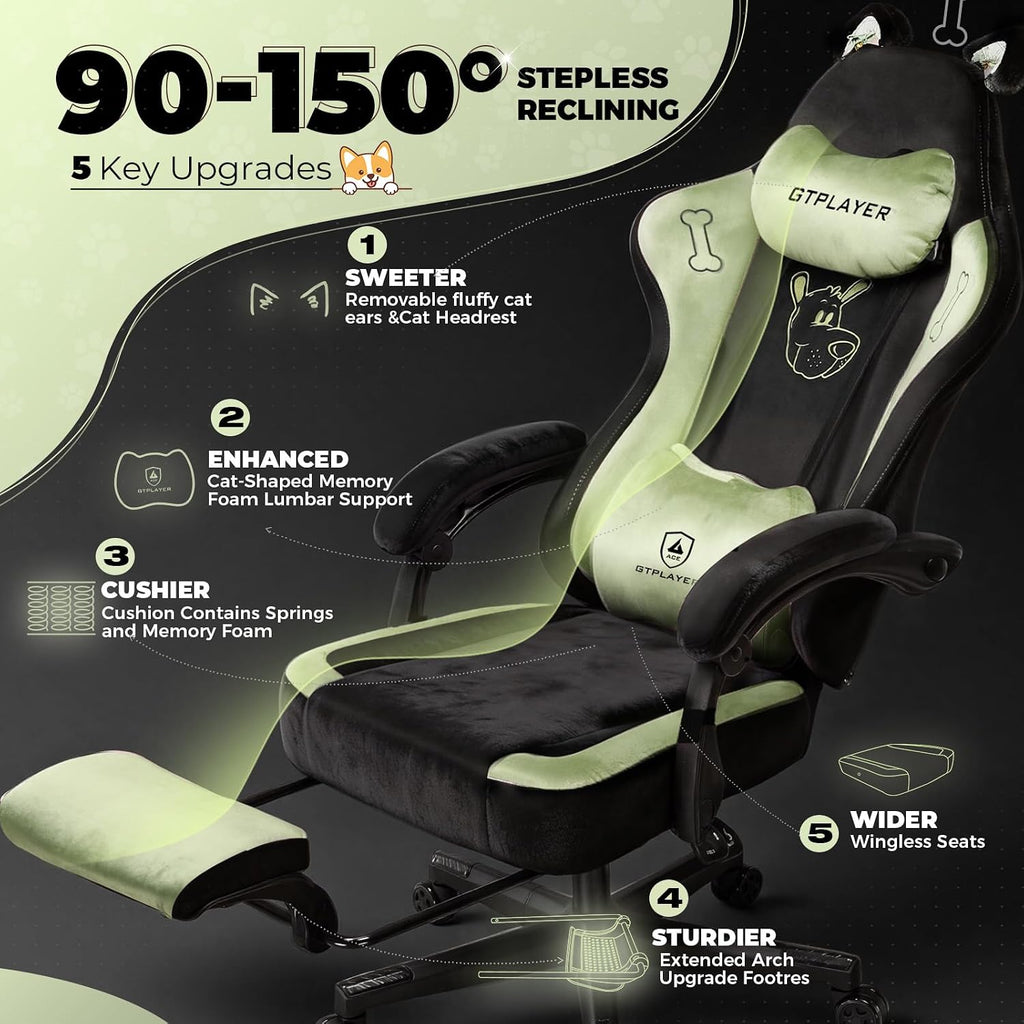 Gaming Chair Cute with Cat Ears Ergonomic Computer Chair with Dog Embroidery Adjustable Memory Foam Lumbar Support and Headrest Comfortable Reclining Office Chair for Girls, Teens, Women