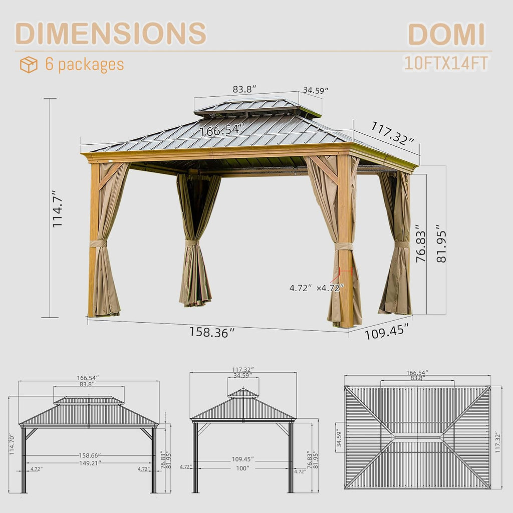 Domi 10' X 14' Hardtop Gazebo Outdoor Metal Gazebo Canopy with Galvanized Steel Double Roof, Wood Grain Aluminum Frame, Curtains and Netting for Patio, Deck, Garden
