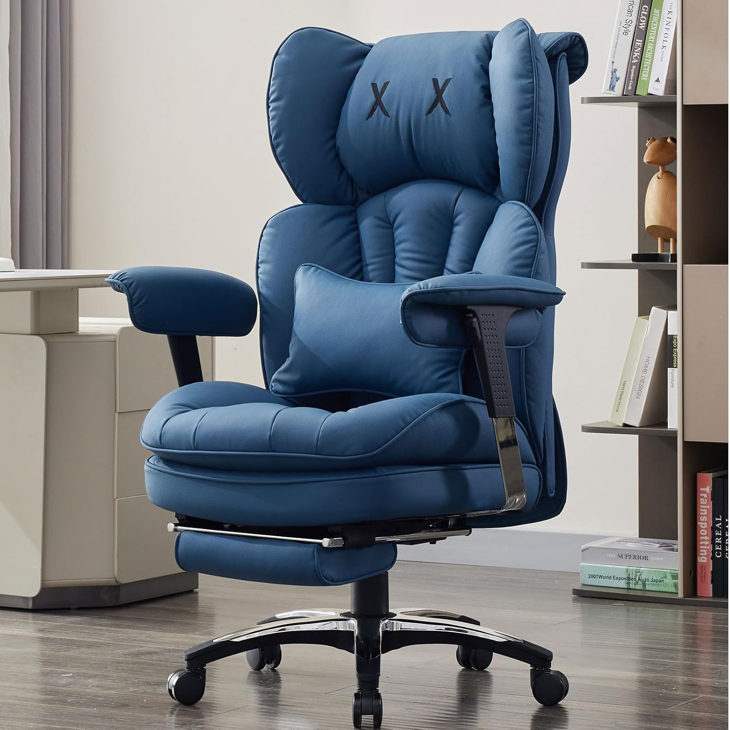 Efomao Big and Tall Office Chair with Footrest – High Back Computer Chair with Adjustable Armrests，Executive Office Chair with Wide Seat, Modern Desk Chair for Home Office, Gaming, or Study, Blue