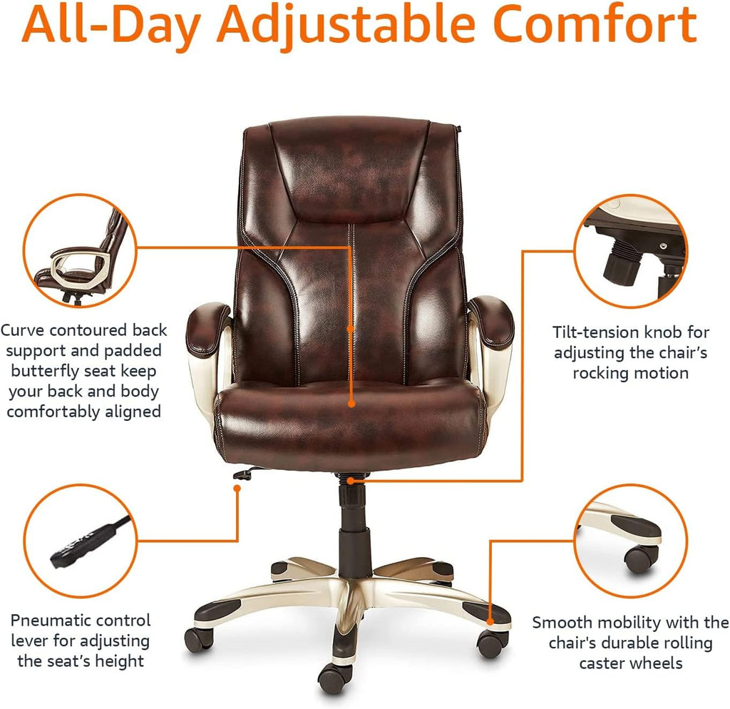 Amazon Basics Executive High Back Office Chair, Adjustable Height, Tilt, Swivel, Padded Armrests, Brown/Gold