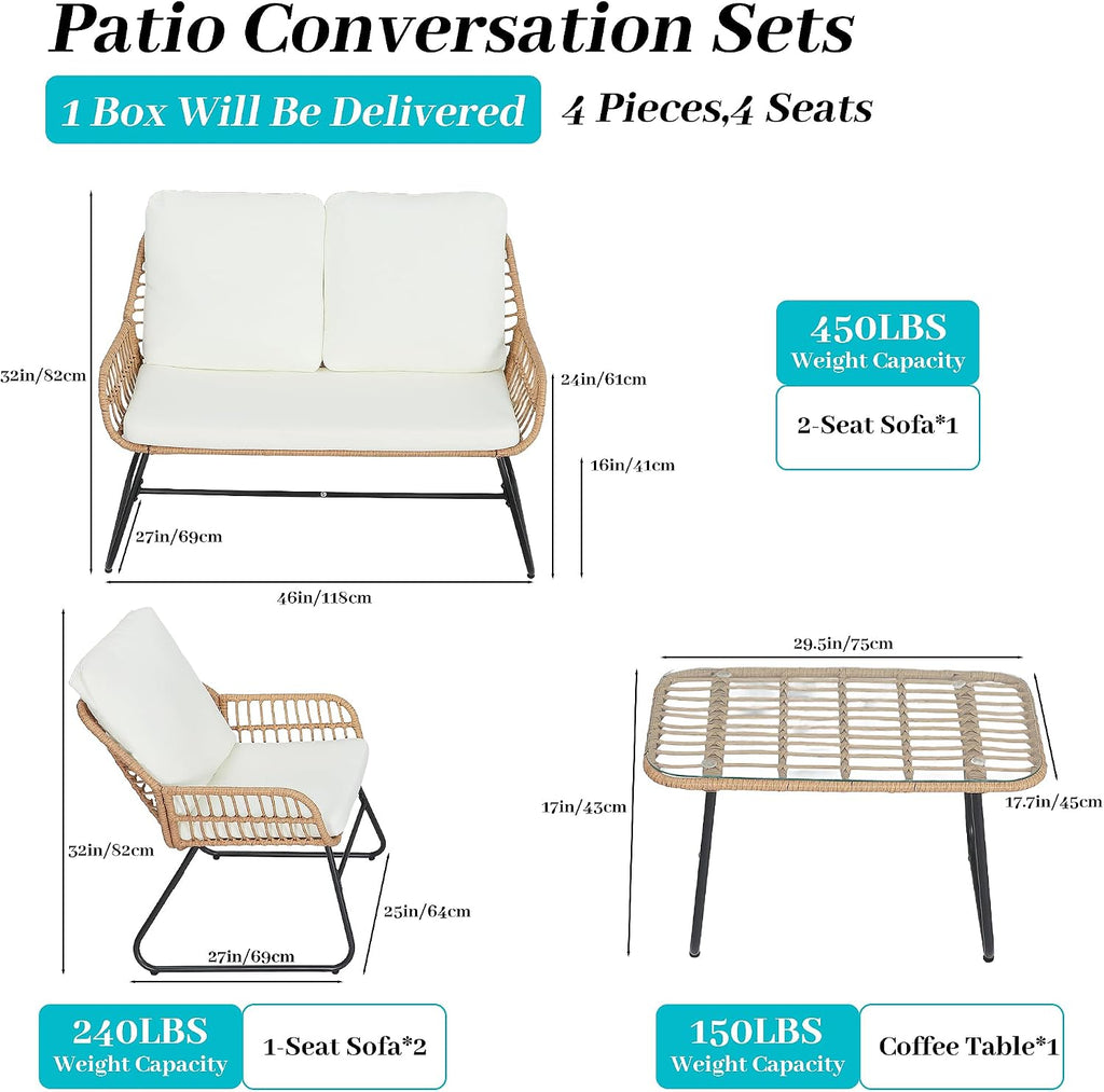 EortheX 4 Pieces Outdoor Patio Furniture Set,Patio Conversation Set,Rattan Wicker Bistro Sets with Loveseat Chairs and Modern Coffee Table for Backyard Deck Balcony and Garden Lounge Spaces - Beige
