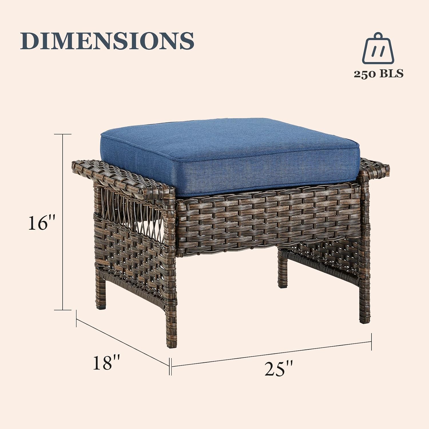 Patio Conversation Set: Wicker Sofa with 2 Rattan Ottomans, Blue Cushions, 3pcs for Patio, Garden, Balcony, Sunroom, Backyard, Deck, Poolside