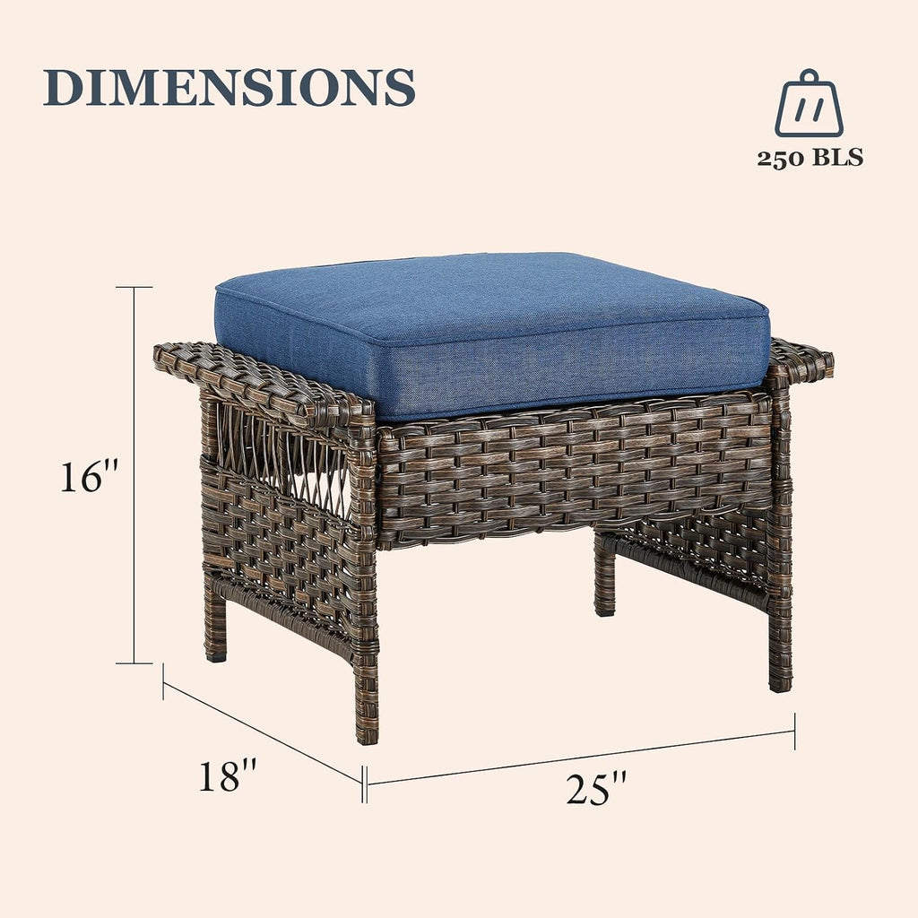 Patio Conversation Set: Wicker Sofa with 2 Rattan Ottomans, Blue Cushions, 3pcs for Patio, Garden, Balcony, Sunroom, Backyard, Deck, Poolside