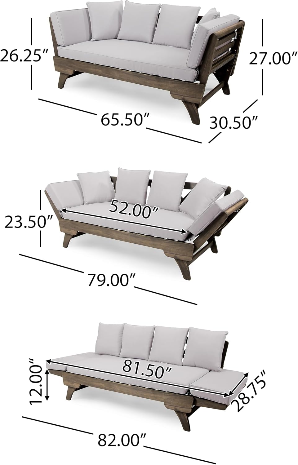 Merax Outdoor Patio Daybed Sofa,3-Seat Sofa with Foldable Arm 4 Back Pillows,Teak Acacia Wood Frame Beige Removable Cushion,Grey
