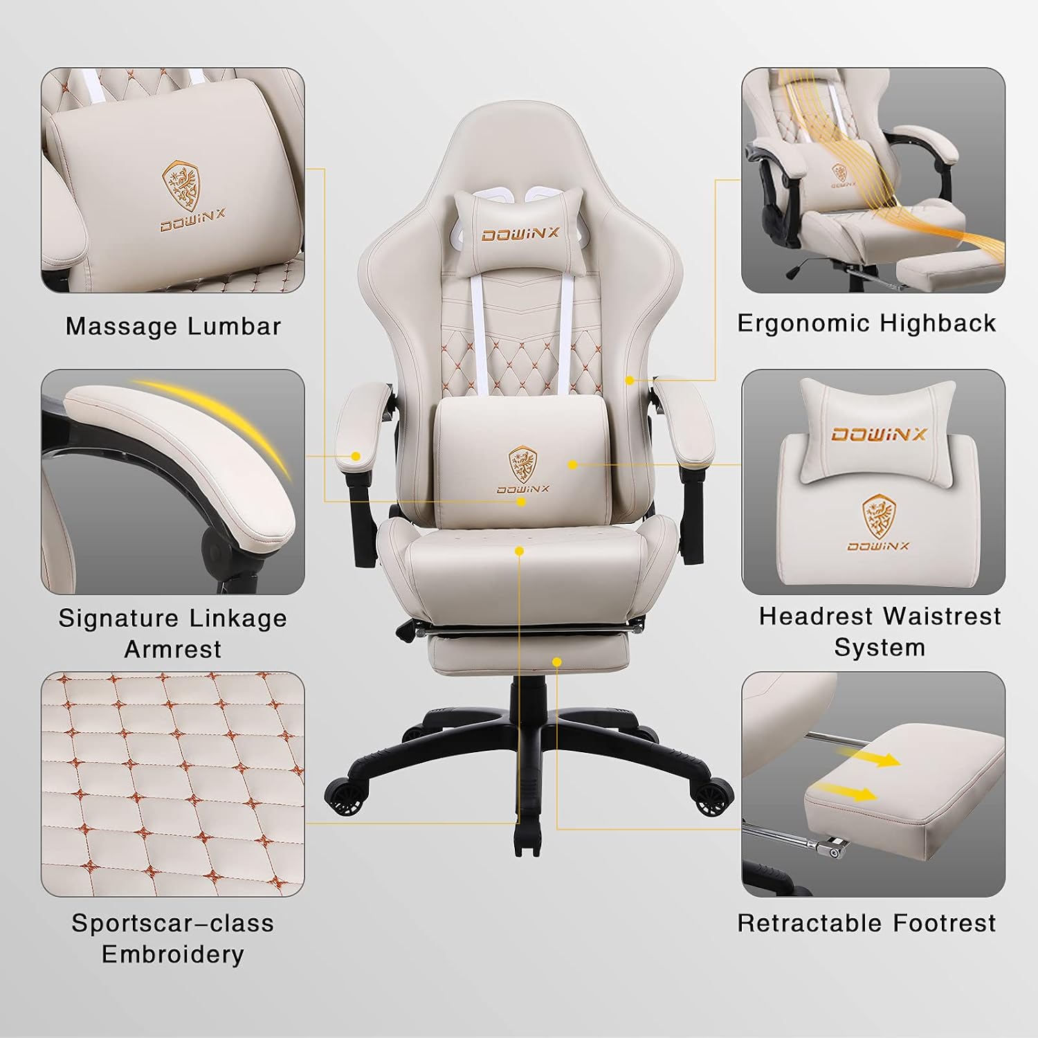 Dowinx Gaming Chair Big and Tall, Ergonomic Game Chair for Adults with Footrest and Massage Lumbar Support, High Back Computer Gamer Chair PU Leather, 350Lbs, for Office, Home, Ivory
