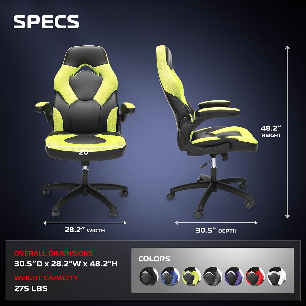 RESPAWN 3085 Ergonomic Gaming Chair for Adults, High Back Office Chair with Headrest and Flip Up Arms, Leather Racing Style Gaming Seat with Lumbar Support, Video Game Computer Desk Seat - Green