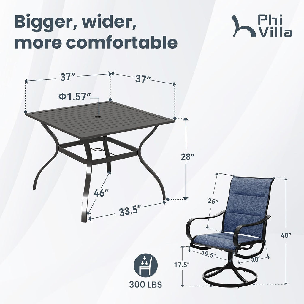 PHI VILLA 5 PCS Patio Dining Set with 4 Padded Outdoor Swivel Dining Chairs(Blue) and 37'x 37' Metal Steel Dining Table(1.57' Umbrella Hole), Outdoor Dining Table & Chairs Set for Deck Lawn Garden