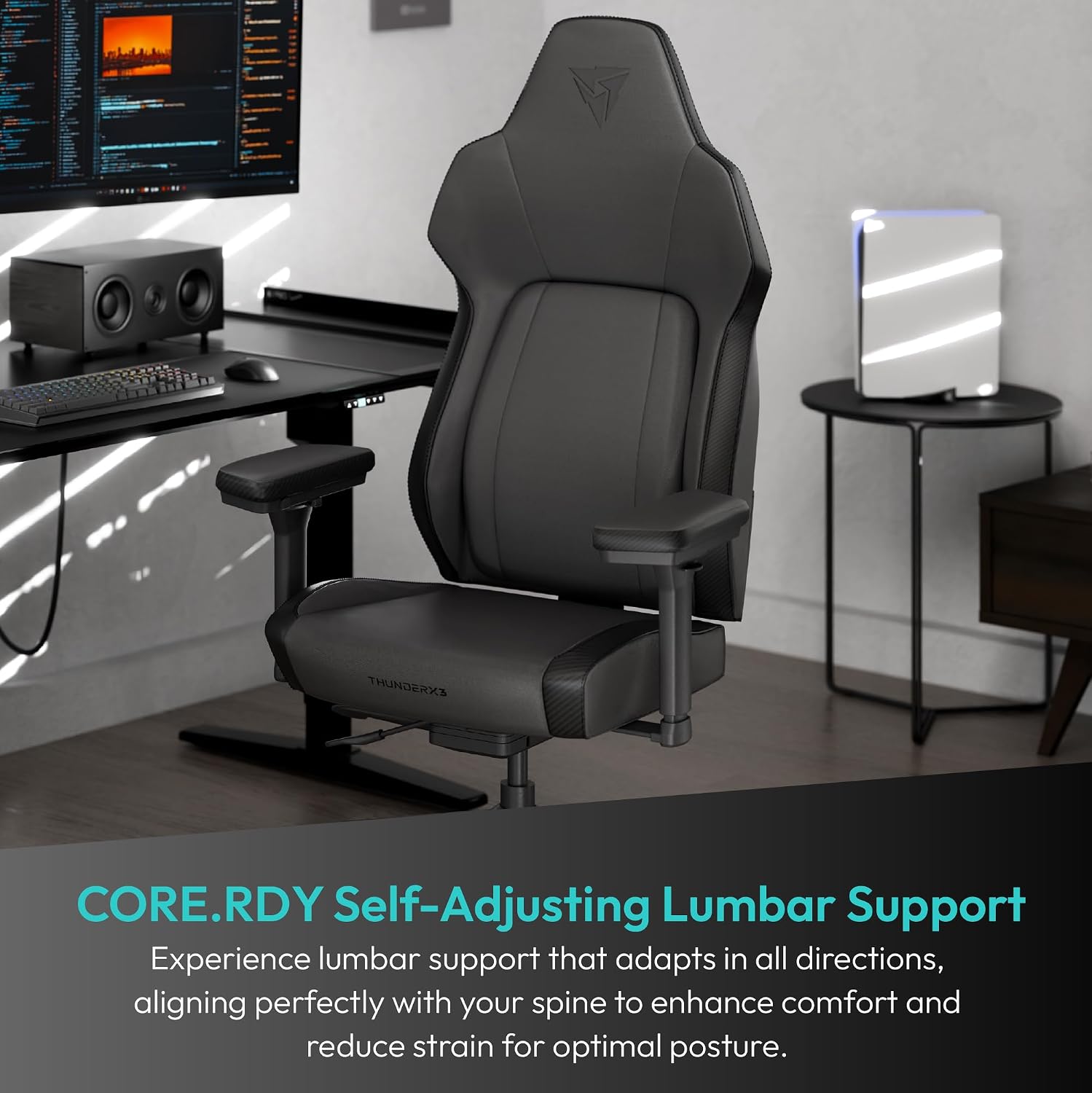 ThunderX3 CORE Smart Modern Gaming Chair Black – Ergonomic Office Chair, Automatic Lumbar Support, Synchronised Mechanism, 3D Armrests, Faux Leather, for Users up to 125kg, 155-190cm