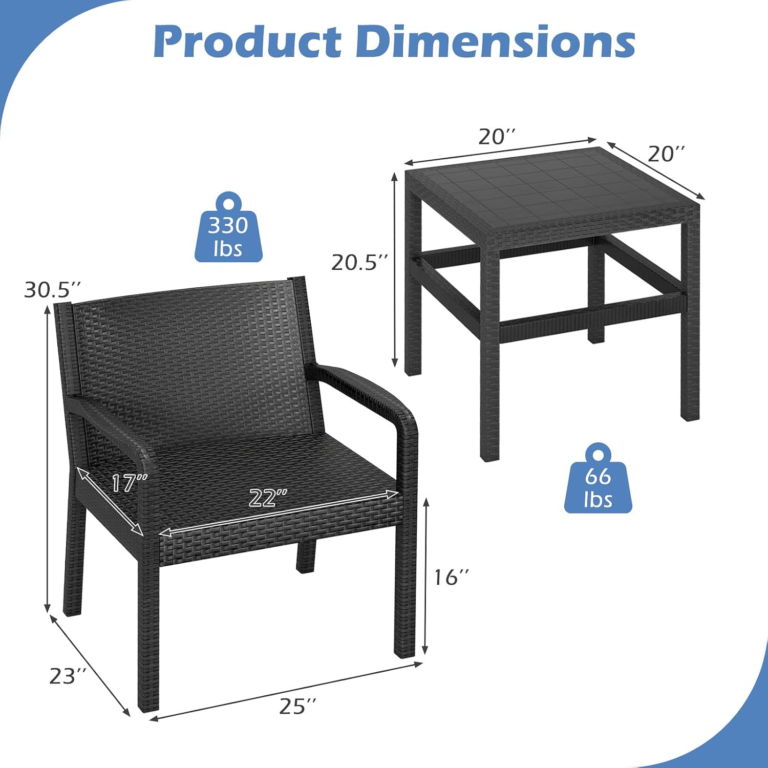 Tangkula 3 Piece Patio Furniture Set, Outdoor Wikcer Conversation Set with 2 Rattan Armchair & 25' Square Side Table, for Patio, Garden, Poolside, Bistro (Black)