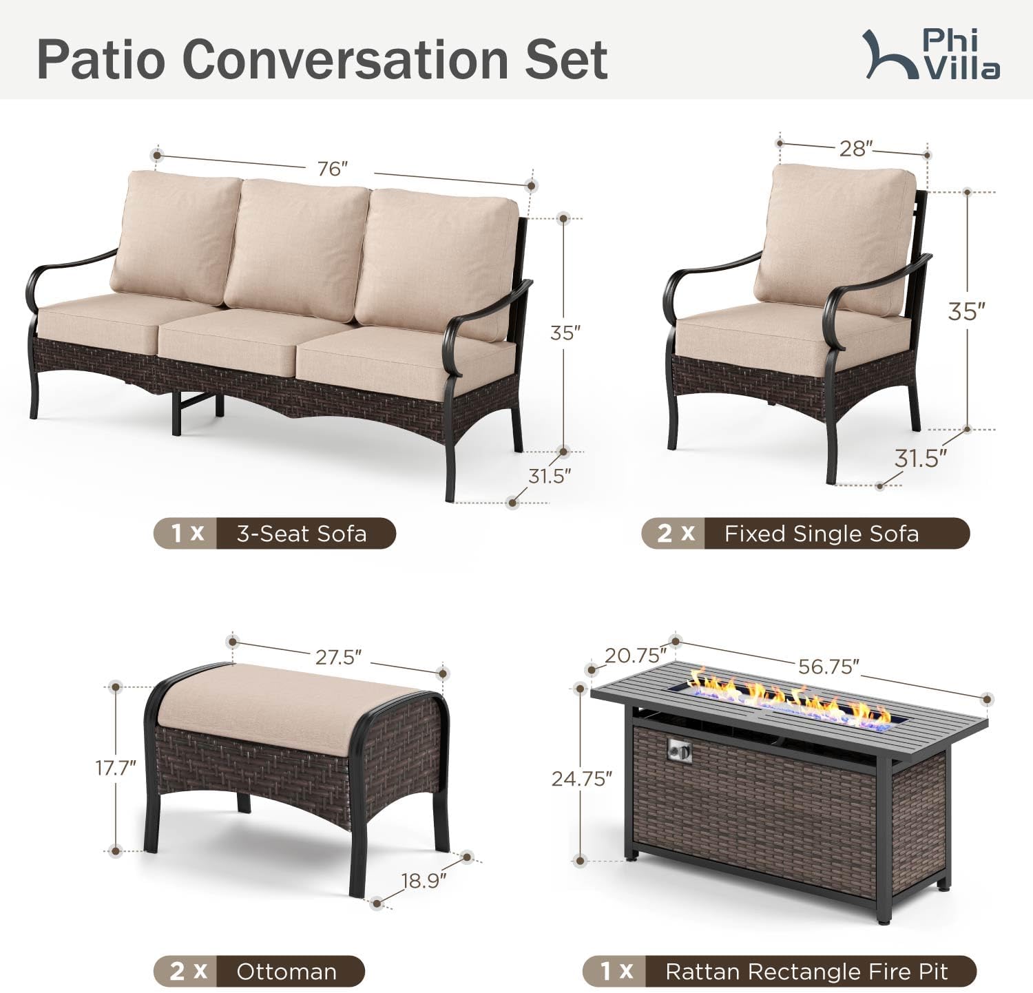 Patio Furniture Set with 56' Fire Pit Table, Premium Outdoor Wicker Metal Frame Furniture with Upgraded Waterproof Thick Cushions for Porch, Poolside, Deck, and Yard （8 Pieces,Beige）