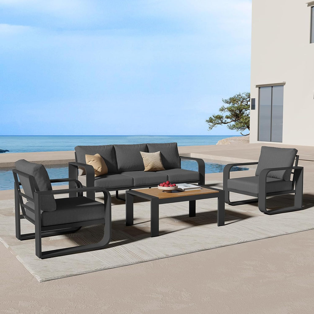 Oversized Aluminum Outdoor Furniture Set, Extra Large Patio Furniture Sofa Set 4.8' Widened Armrest & Ultra-Thick Cushions, 4 Pcs Modern Patio Sectional for Backyard, Porch, Graphite