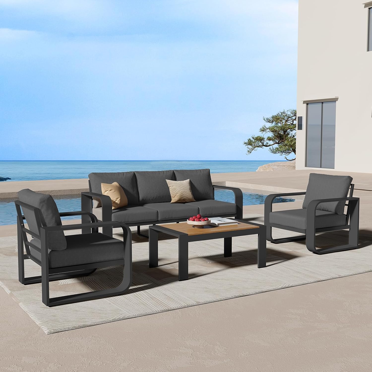 Oversized Aluminum Outdoor Furniture Set, Extra Large Patio Furniture Sofa Set 4.8' Widened Armrest & Ultra-Thick Cushions, 4 Pcs Modern Patio Sectional for Backyard, Porch, Graphite