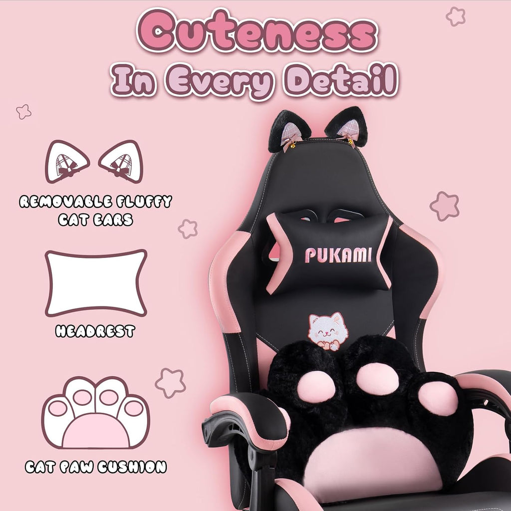 PUKAMI Gaming Chair with Cat Ears,Cute Computer Chair for Girl with Footrest,Ergonomic Gamer Chair, Kawaii Gaming Chair, Game Chair (Light Black)