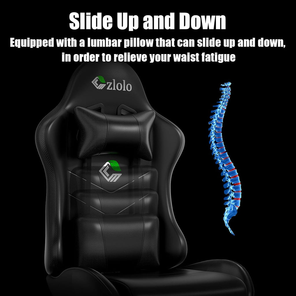 Czlolo Gaming Chair, Ergonomic Office Computer Chair with Footrest and Lumbar Support Massager Racing Style High Back Video Gamer Chair, Wide＆Thick Cushion, 90°-135° Recline, Adjustable Height, Black