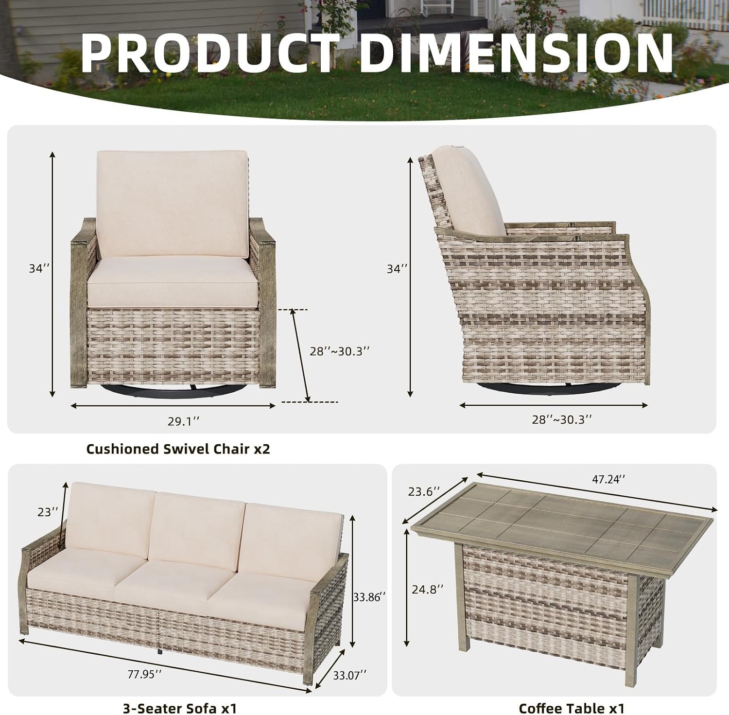 MELLCOM 4 Pieces Outdoor Patio Furniture Set with Swivel Chairs, All Weather Rattan Wicker Patio Conversation Set with 3-Seater Sofa, Coffee Table for Patio, Balcony, Porch, Deck