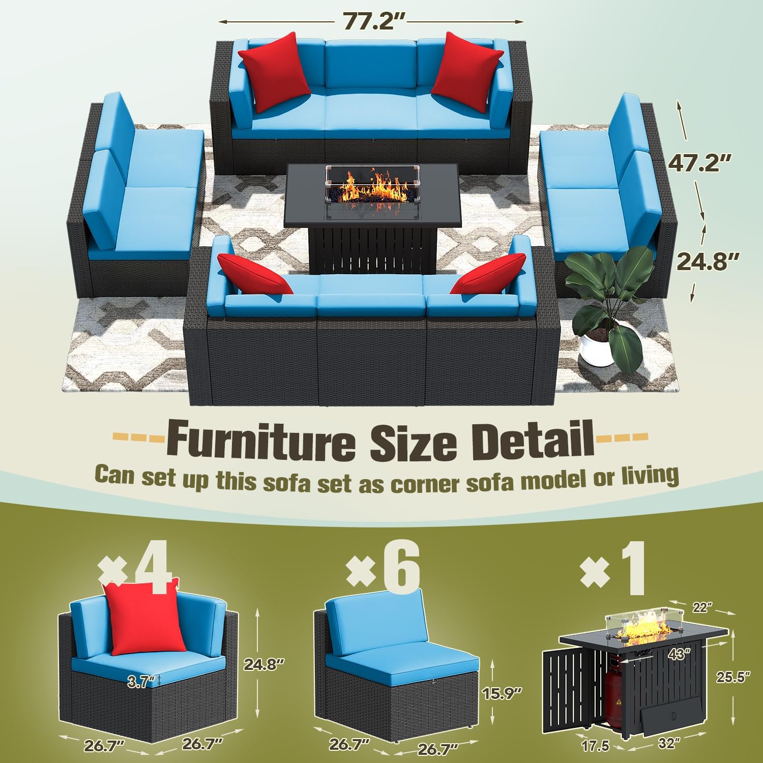 Greesum Patio Furniture Sets 11-Pieces Outdoor PE Rattan Sectional Sofa w/43in Gas Fire Pit Table 55000 BTU Add Warmth to Gatherings Parties On Deck Garden Backyard,Blue