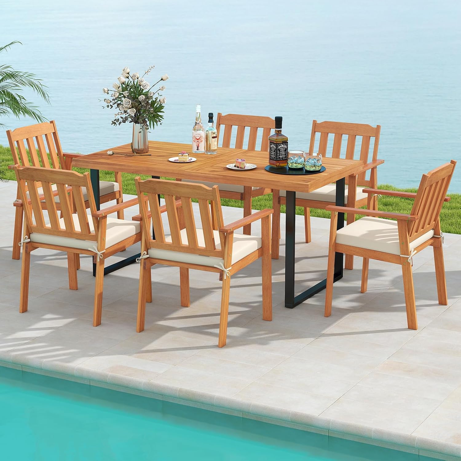 Tangkula 7 Pieces Patio Dining Table Set, 63' Rectangle Acacia Wood Table with Umbrella Hole and 6 Cushioned Armchairs, Outdoor Dinette Furniture for Garden Backyard Kitchen
