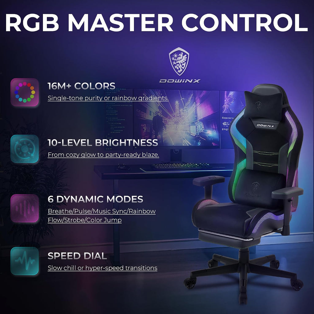 Dowinx Gaming Chair with RGB LED Lights, Ergonomic Game Chair with Footrest Massage Lumbar Support, Computer Gamer Chair for Adults Teens, Black Green