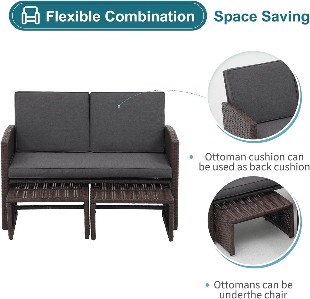 OC Orange-Casual Outdoor Loveseat 3 Piece Patio Furniture Set Outdoor Conversation Set All-Weather Wicker Love Seat with Ottoman/Side Table, Brown Rattan, Dark Grey