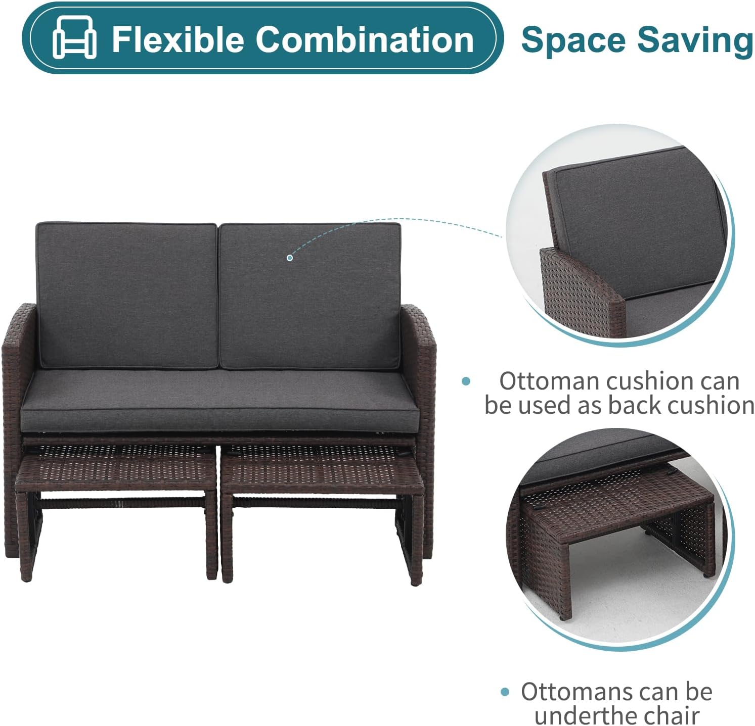OC Orange-Casual Outdoor Loveseat 3 Piece Patio Furniture Set Outdoor Conversation Set All-Weather Wicker Love Seat with Ottoman/Side Table, Brown Rattan, Dark Grey