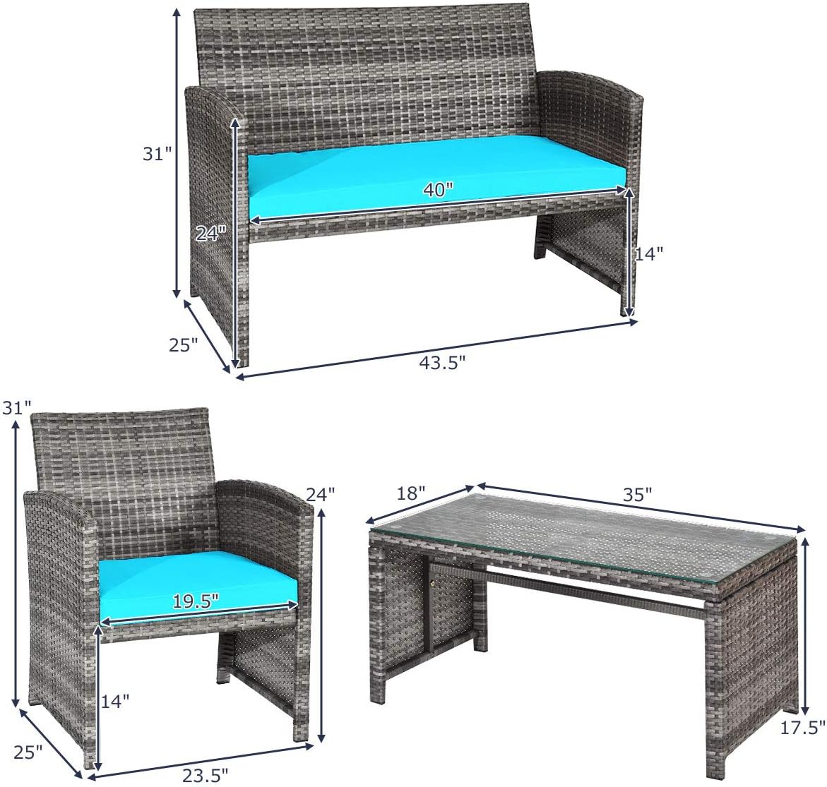 Giantex 4 Pc, Rattan Loveseat & Patio Chairs with Cushioned Seat, Wicker Coffee Table, Outdoor Furniture Front Porch Poolside Garden Lawn Conversation Sets, Mix Grey&Turquoise