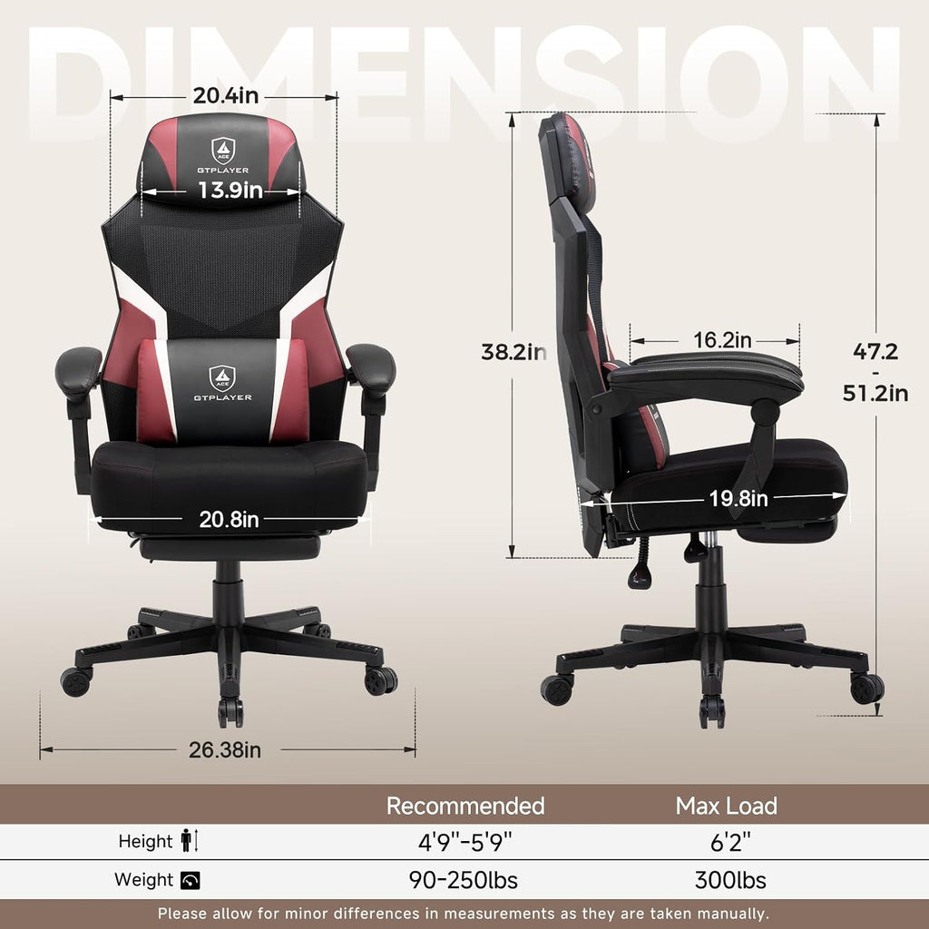 GTPLAYER Computer Chair with Adjustable Footrest, Ergonomic Gaming Chair with Headrest and Lumbar Support, Breathable Mesh Office Chair for Adults, High Back Reclining Desk Chair for Gaming and Office
