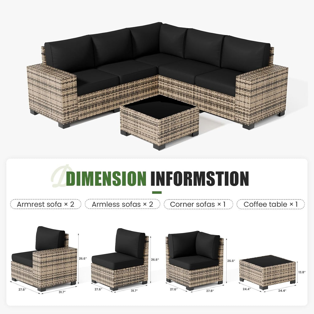 Amopatio 6 Piece Patio Furniture Set with 8' Armrest & 4' Thiken Cushion, Outdoor Wicker Rattan Sectional Sofa Conversation Set for Backyard, Garden, Poolside(Black Cushion)