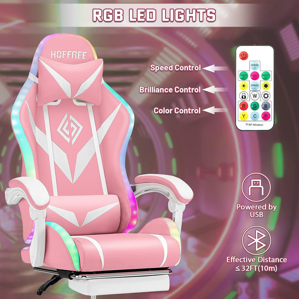 Gaming Chair Pink Massage with Bluetooth Speakers and RGB LED Lights Cute Ergonomic Computer Massage Gaming Chair with Footrest Music Video Game Chair High Back with Lumbar Support Pink and White