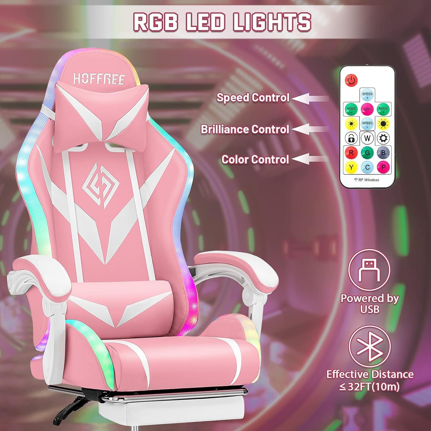Gaming Chair Pink Massage with Bluetooth Speakers and RGB LED Lights Cute Ergonomic Computer Massage Gaming Chair with Footrest Music Video Game Chair High Back with Lumbar Support Pink and White