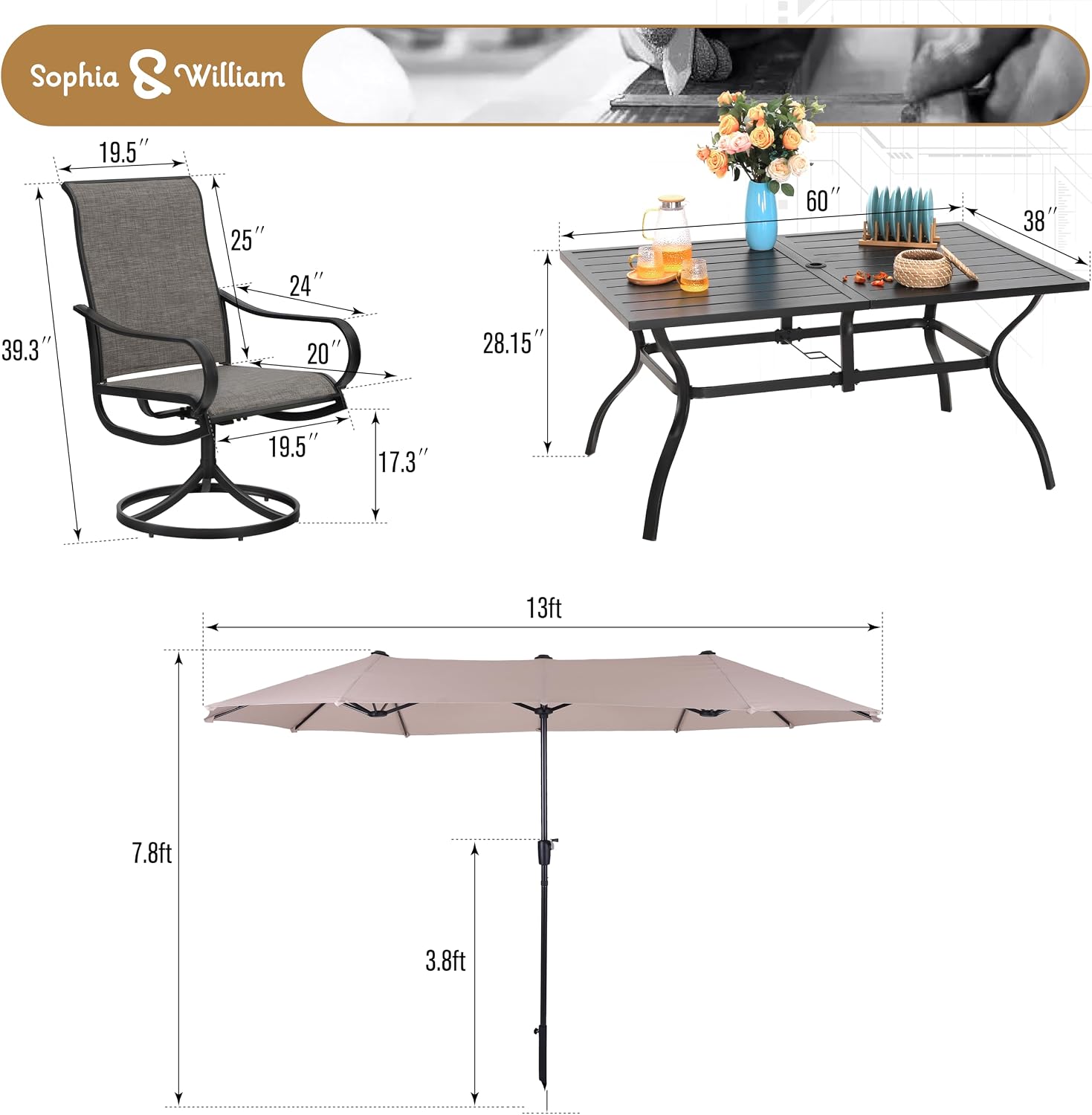 Sophia & William Patio Set with Umbrella 8 Pieces Outdoor Dining Set for 6 with 13ft Double-Sided Patio Umbrella Beige, 6 x Swivel Patio Chairs, 1 Metal Table for Lawn Garden