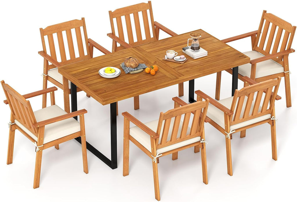 Tangkula 7 Pieces Patio Dining Table Set, 63' Rectangle Acacia Wood Table with Umbrella Hole and 6 Cushioned Armchairs, Outdoor Dinette Furniture for Garden Backyard Kitchen