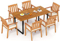 Tangkula 7 Pieces Patio Dining Table Set, 63' Rectangle Acacia Wood Table with Umbrella Hole and 6 Cushioned Armchairs, Outdoor Dinette Furniture for Garden Backyard Kitchen